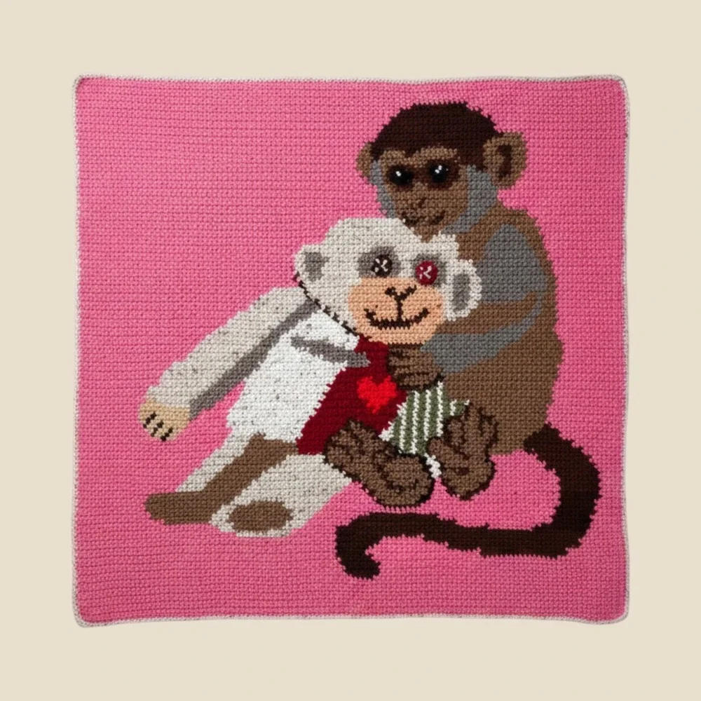 Handmade Crochet Monkey Blanket 40x40 Pink Sock Monkey Graphghan Throw- OOAK